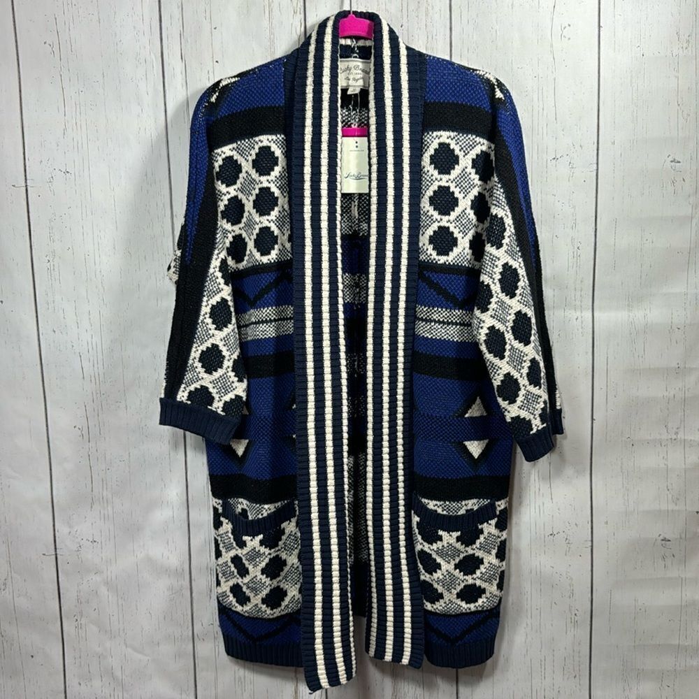 Lucky Brand Blue & Cream Knit Cardigan Sweater M Boho Western Cozy Layer Knit